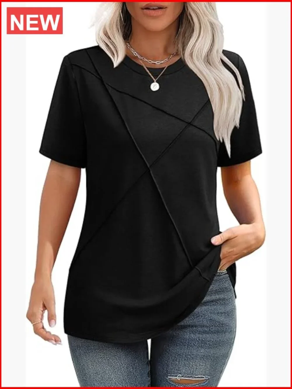 Pleated Short Sleeve Crew Neck T-Shirt Business Casual